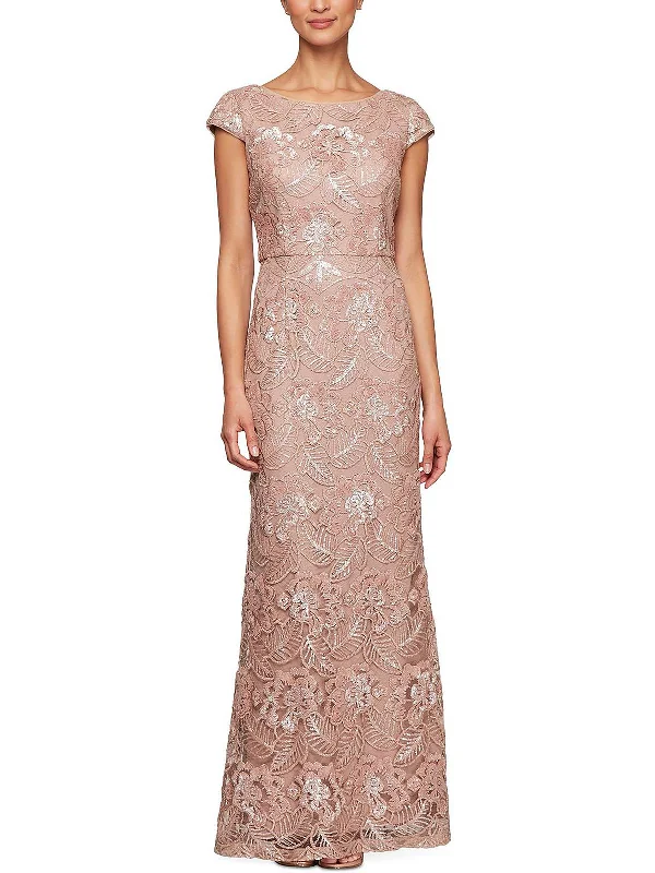 Womens Floral Sequin Evening Dress