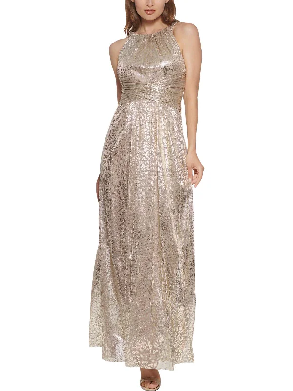 Womens Metallic Halter Evening Dress