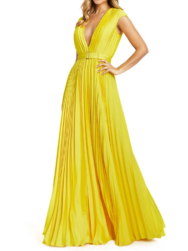 Womens Pleated Attached Belt Evening Dress