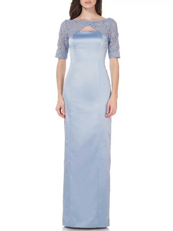 Womens Satin Lace Sleeves Evening Dress