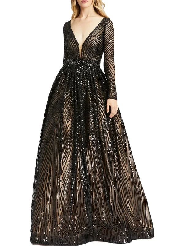 Womens Sequined Mesh Inset Evening Dress