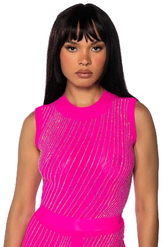 DIAMOND MESH SLEEVELESS BODYSUIT IN PINK