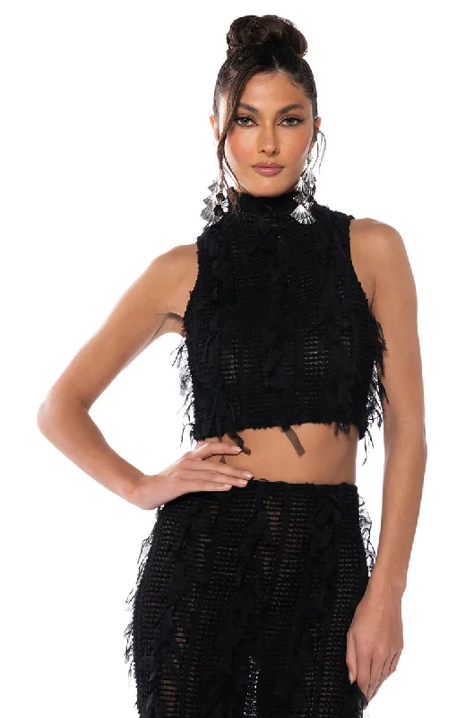 ITS A WRAP MACRAME MESH SLEEVELESS MOCK NECK TOP