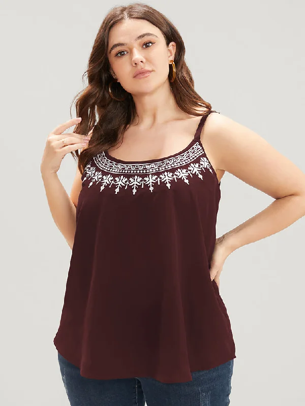 Plain Embroidered Sleeveless Adjustable Straps Cami Top