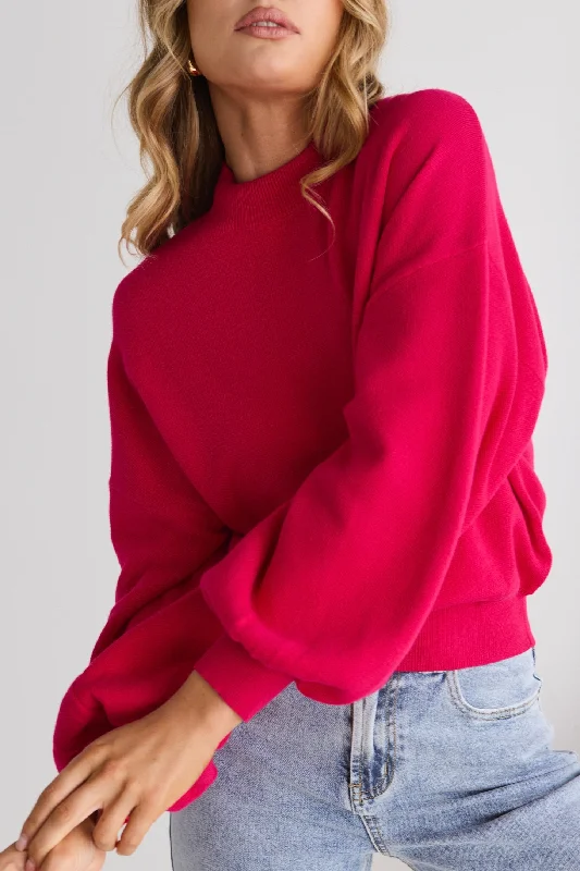 Motivation Raspberry Funnel Neck Fine Knit Jumper