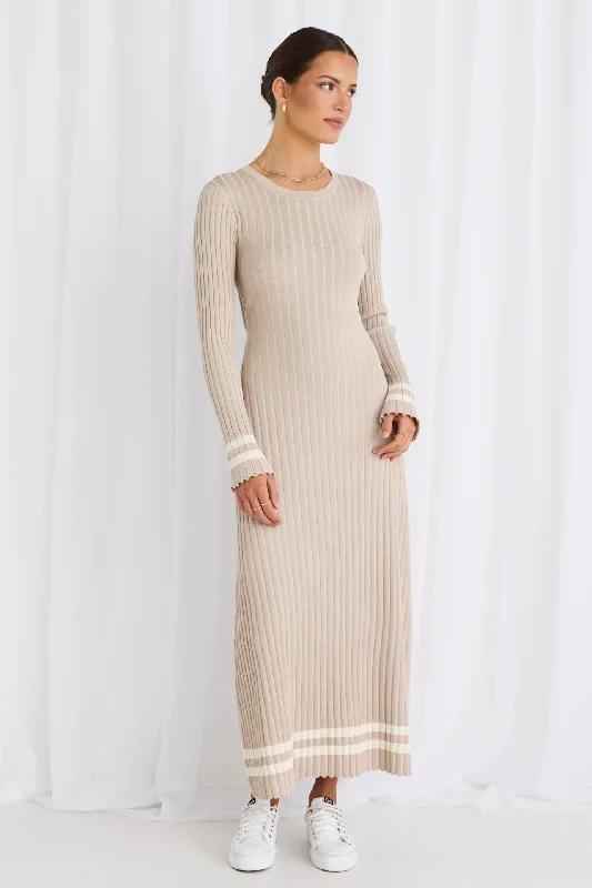 Willow Taupe Stripe LS Crew Neck Maxi Knit Dress